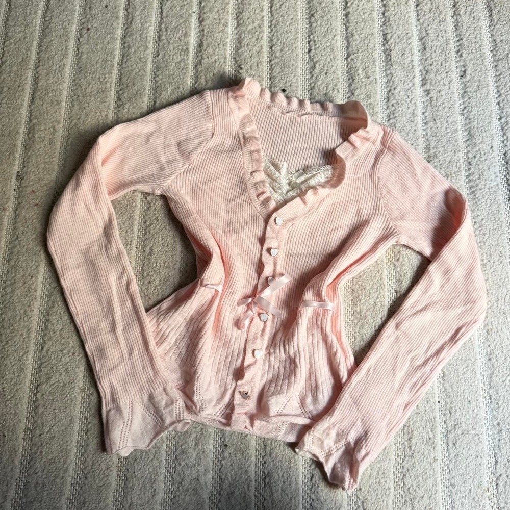 Y2K Coquette Lace Trim Bow Tie Front Long Sleeve Shirts size S/M Cute Kawaii